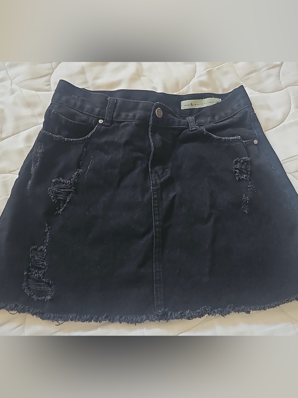 Twenty Four Seven Black Distressed Denim Mini Skirt Size 38 Frayed Hem A-Line